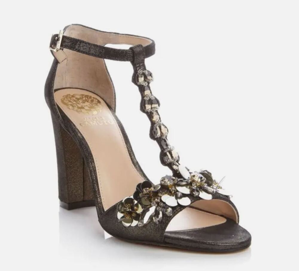 Vince Camuto Beaded Block Heels 8.5 Serafine Jeweled Suede T-Strap Heels